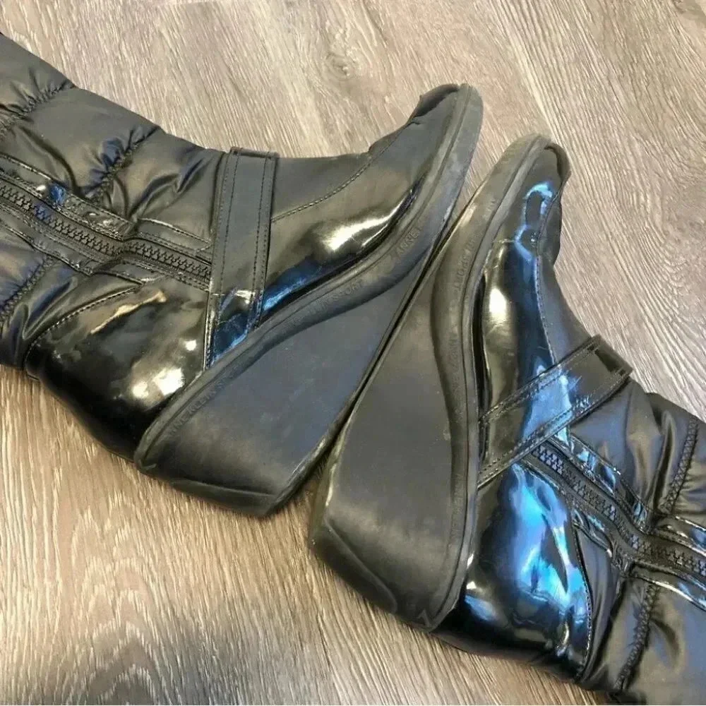 Anne Klein Sport Wedge Heel Snow Boots Black Vegan Patent Leather: 8M
